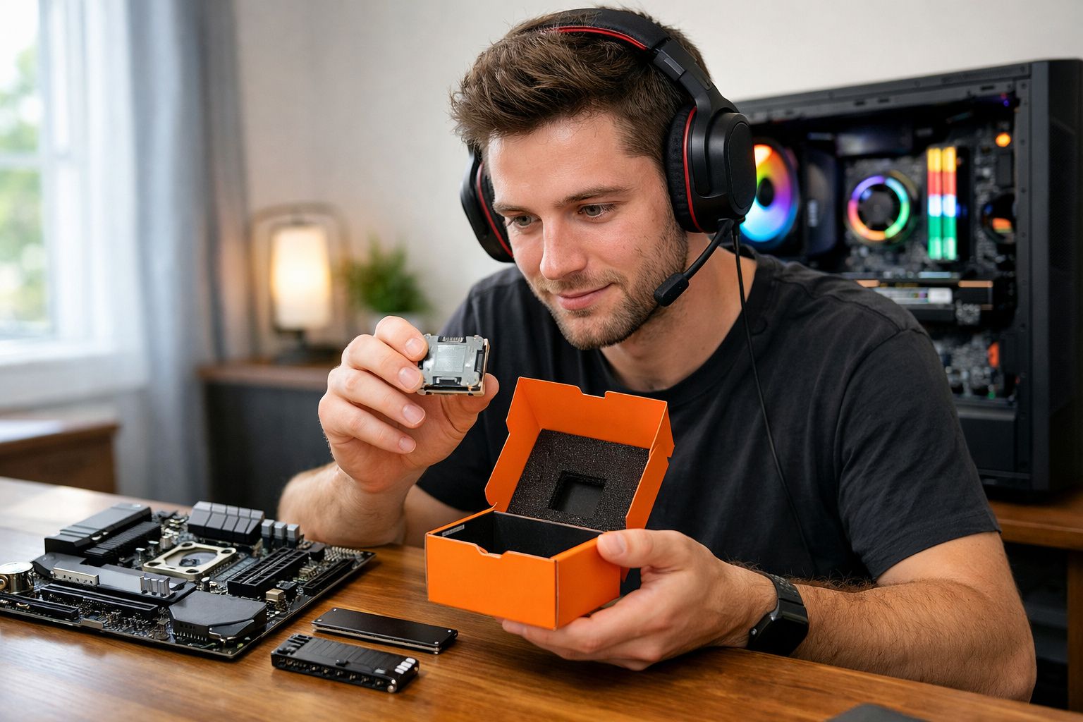 Homem a montar computador, segurando componente perto da caixa laranja, ao lado de motherboard e PC aberto.