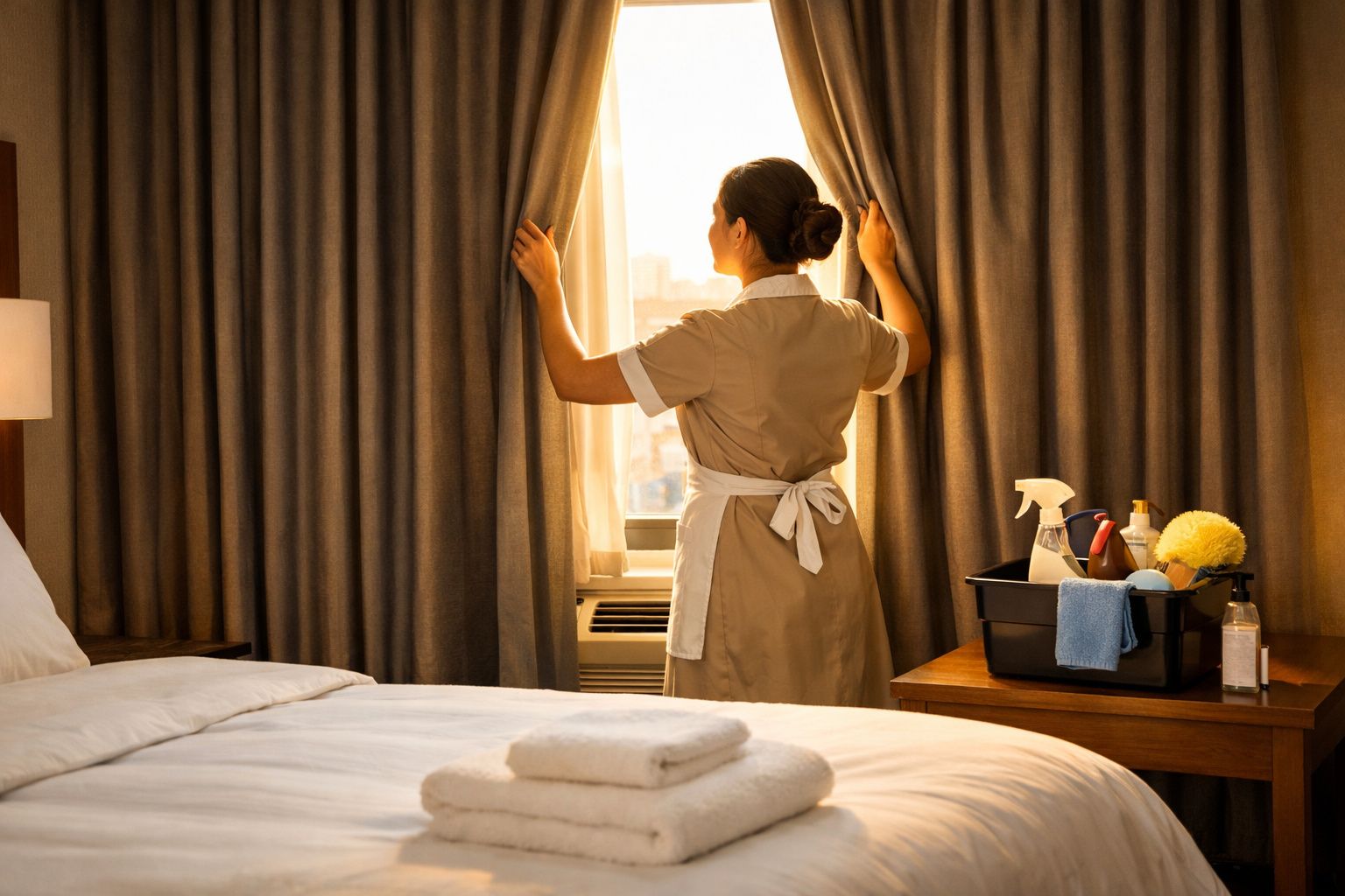 Empregada doméstica a abrir cortinas num quarto de hotel arrumado e iluminado pela luz natural.