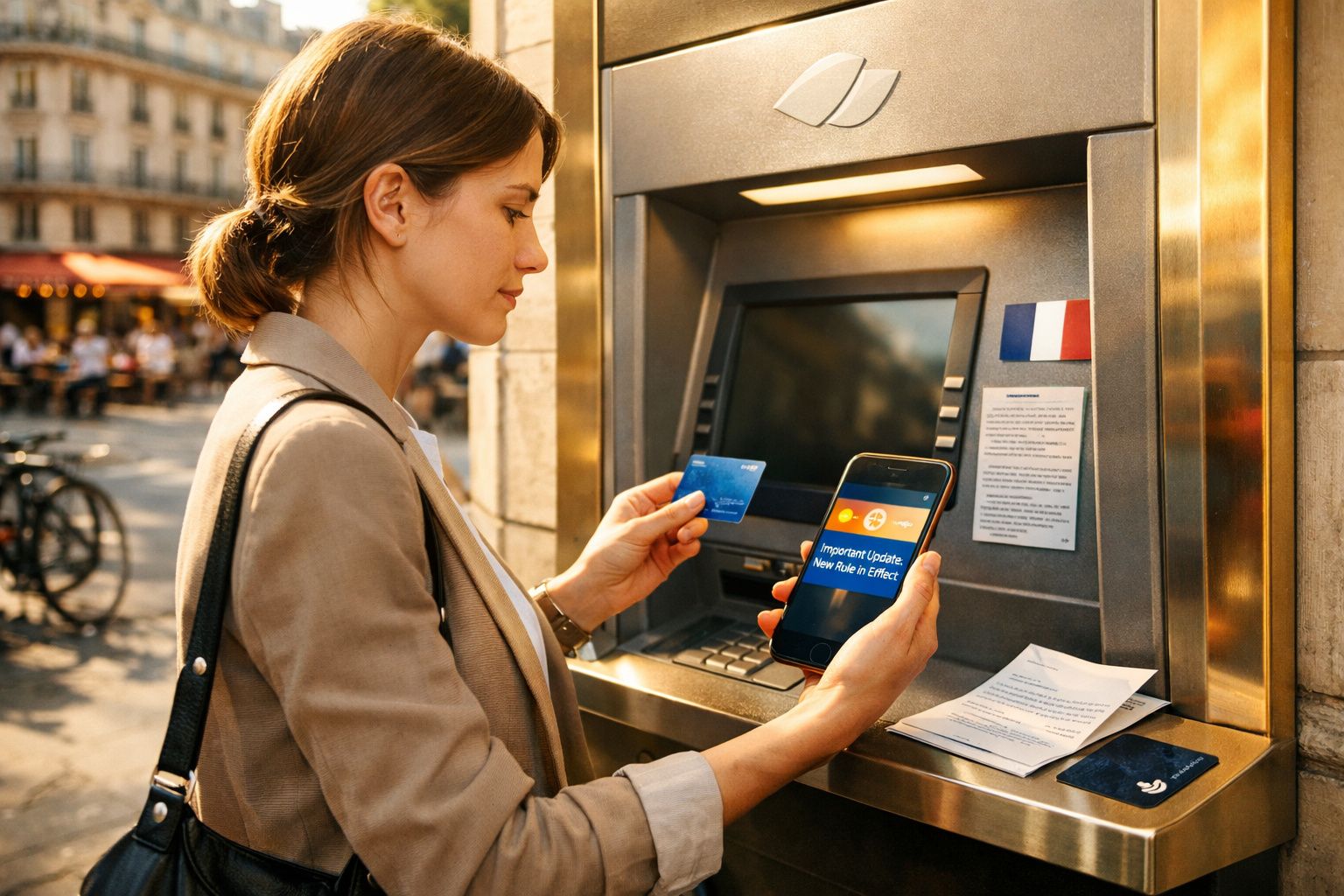 Mulher a usar cartão bancário e telemóvel numa caixa multibanco ao ar livre numa rua com edifícios históricos.