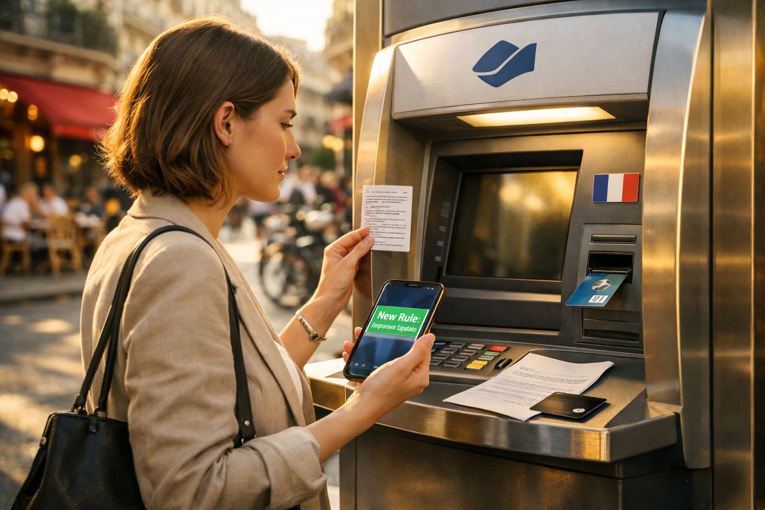 Mulher a usar um multibanco com cartão e telemóvel na mão, verificando informação sobre regras.