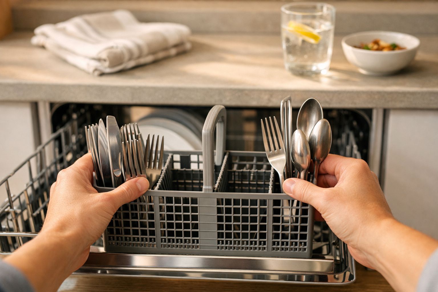 Mãos a colocar talheres num tabuleiro dentro de uma máquina de lavar loiça numa cozinha moderna.