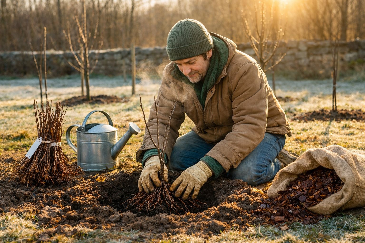 Homem a plantar uma muda de árvore no campo durante manhã fria de inverno.