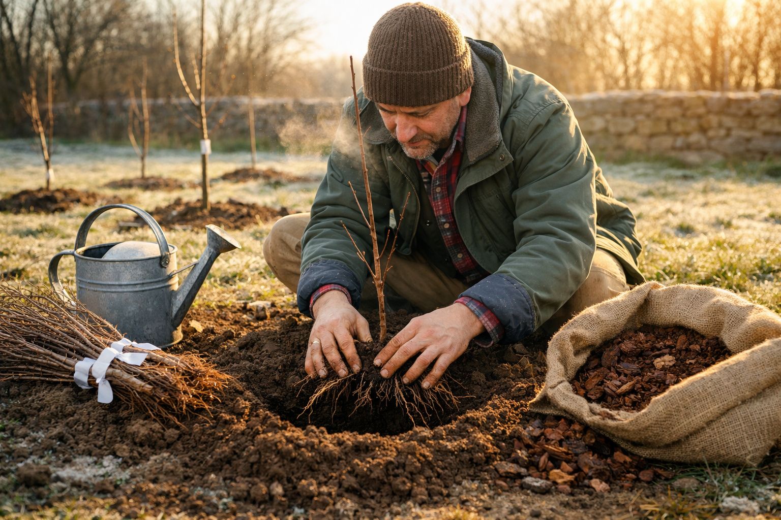 Homem a plantar uma muda de árvore no solo, rodeado por regador, sacos de terra e paus para plantar.