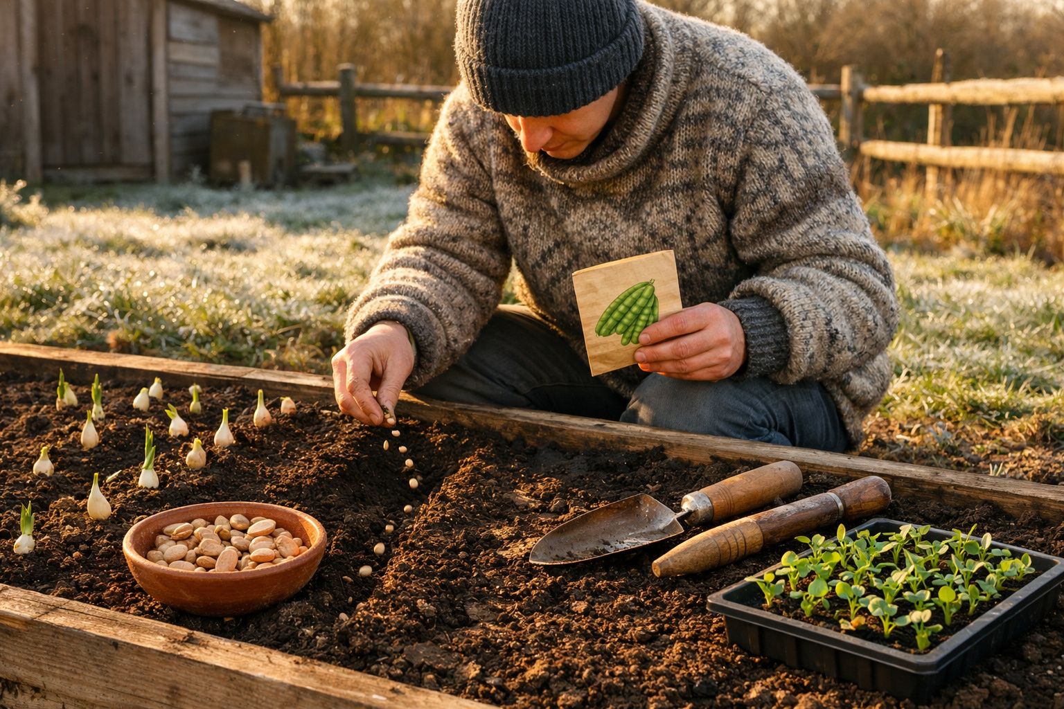 Pessoa a plantar sementes numa pequena horta com utensílios de jardinagem e mudas à volta.