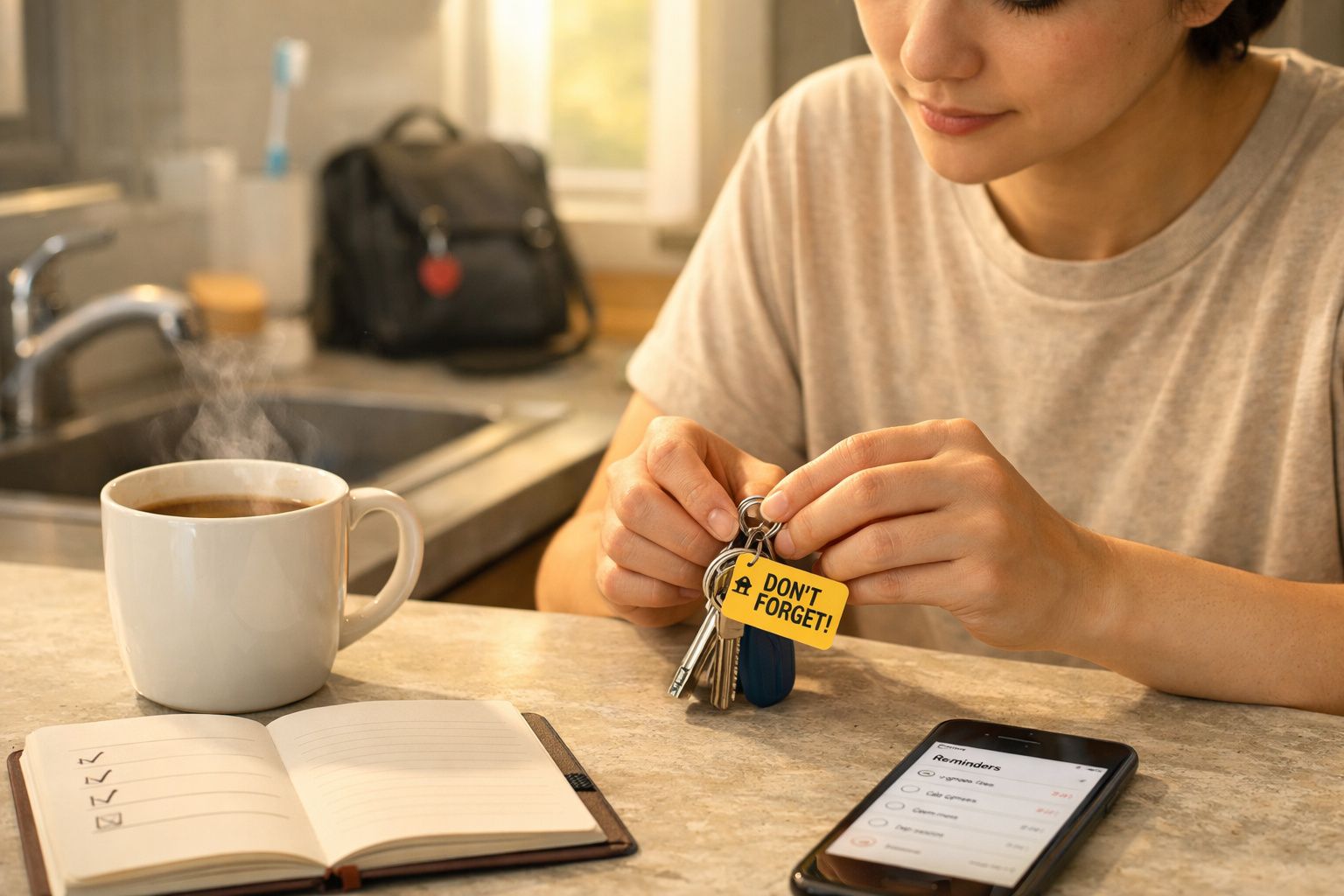 Pessoa a segurar chaves com etiqueta "Don't forget", junto a café, agenda e telemóvel com lista de lembretes.