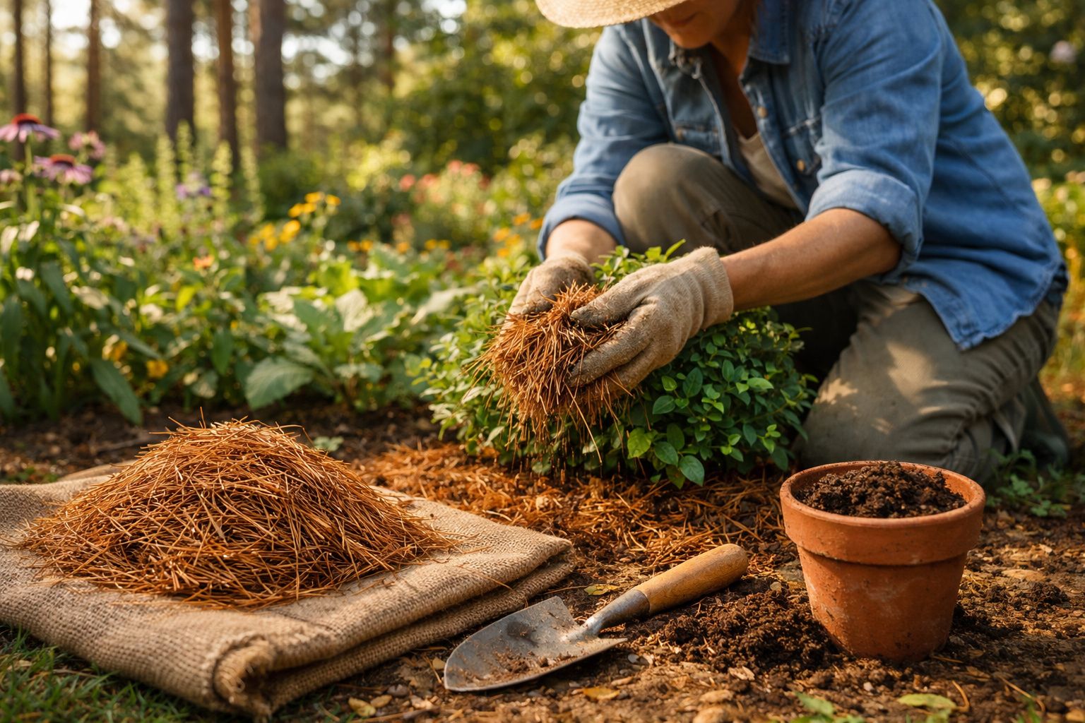 Pessoa a cobrir plantas no solo com palha para jardinagem, ao ar livre numa manhã ensolarada.