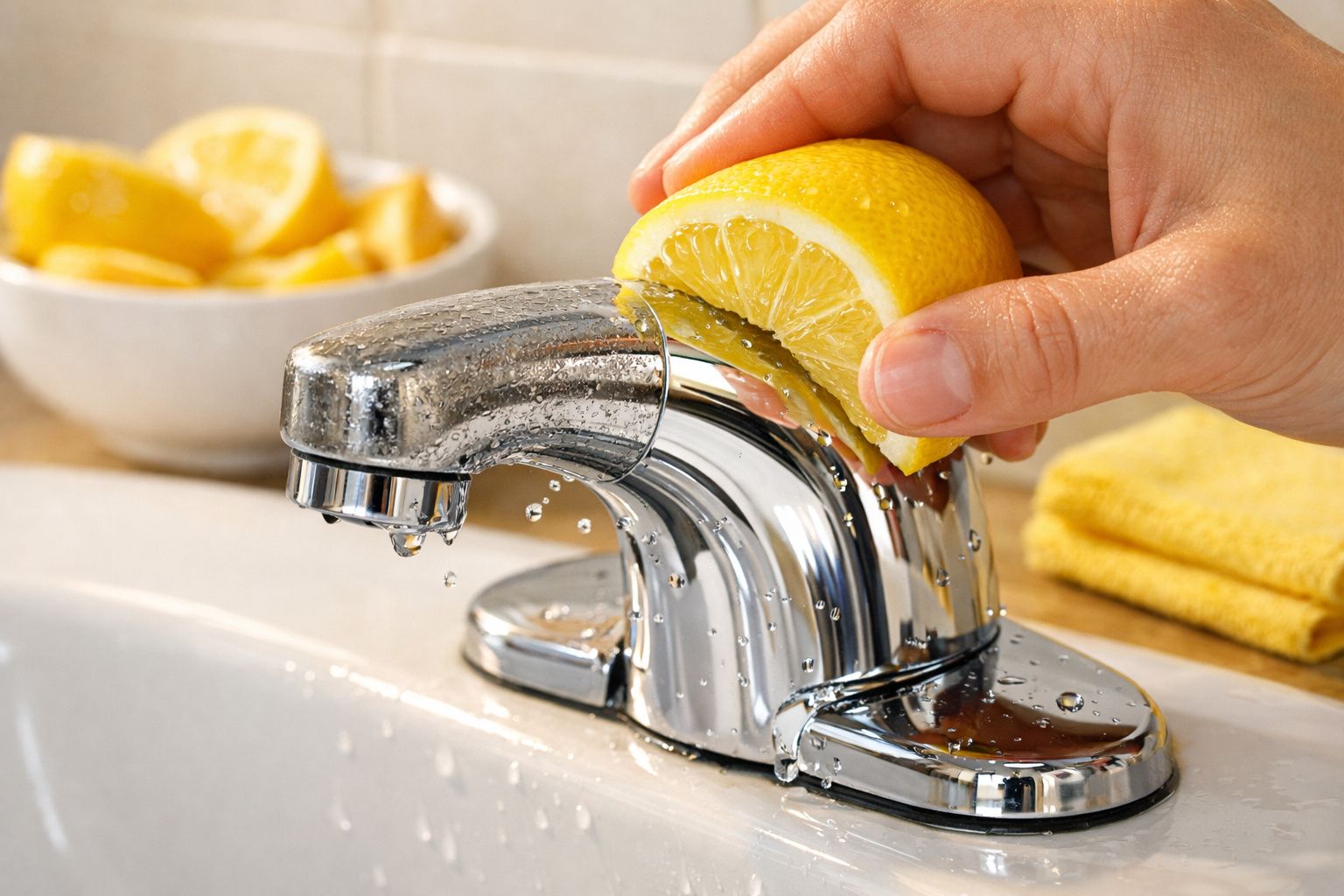 Mão a esfregar uma torneira de metal cromado com metade de um limão num lavatório branco.