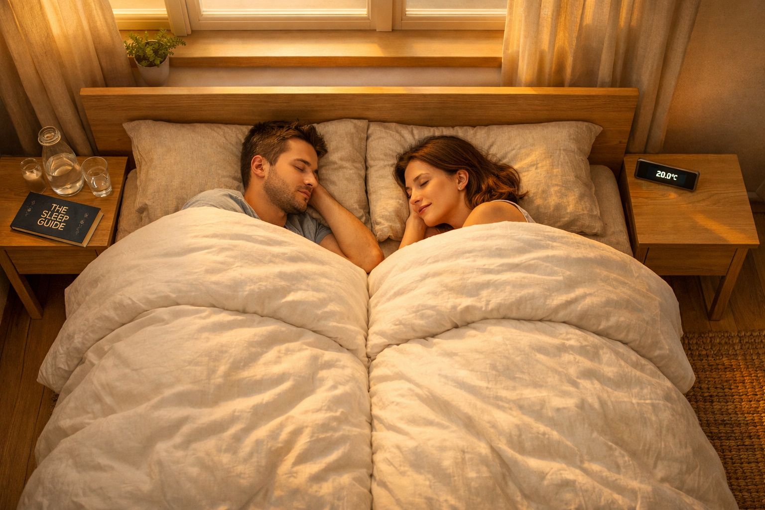 Casal adulto a dormir lado a lado numa cama de casal com roupa de cama bege e luz quente ambiente.