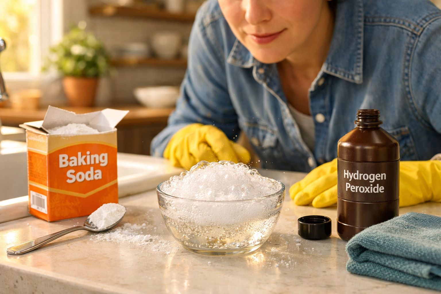 Pessoa a misturar bicarbonato de sódio com peróxido de hidrogénio, criando espuma numa tigela transparente.