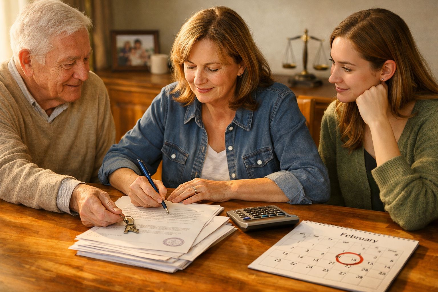 Três pessoas sentadas à mesa com documentos, calculadora, calendário e uma chave, a assinar papéis.