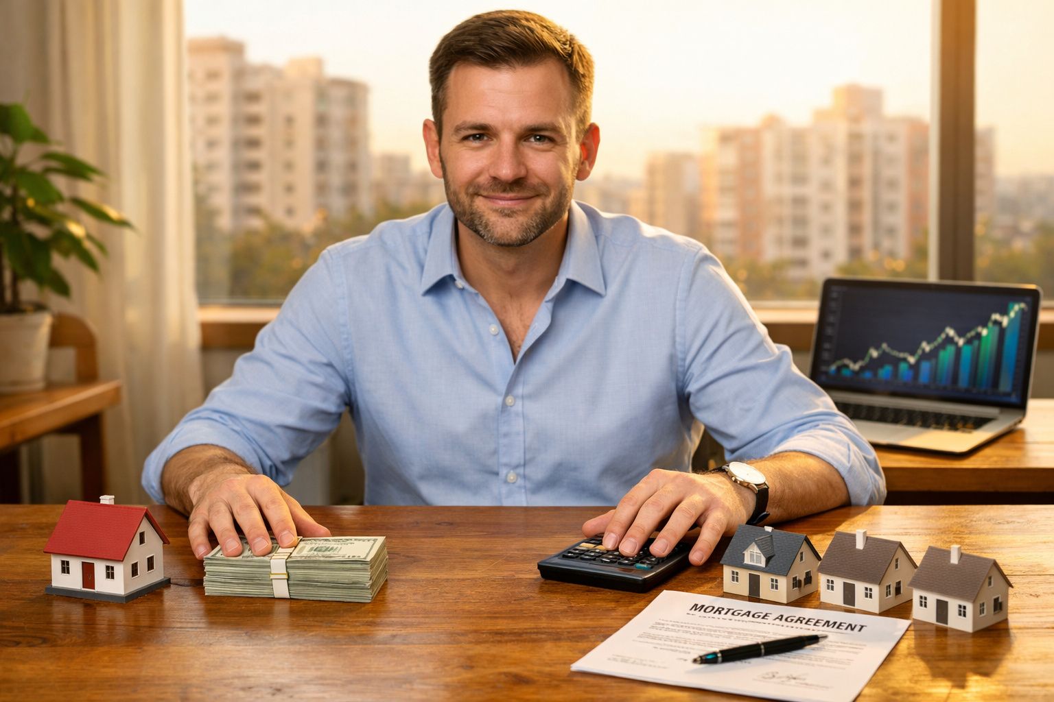 Homem sorridente calcula finanças com casas em miniatura, notas e gráfico de crescimento no fundo.