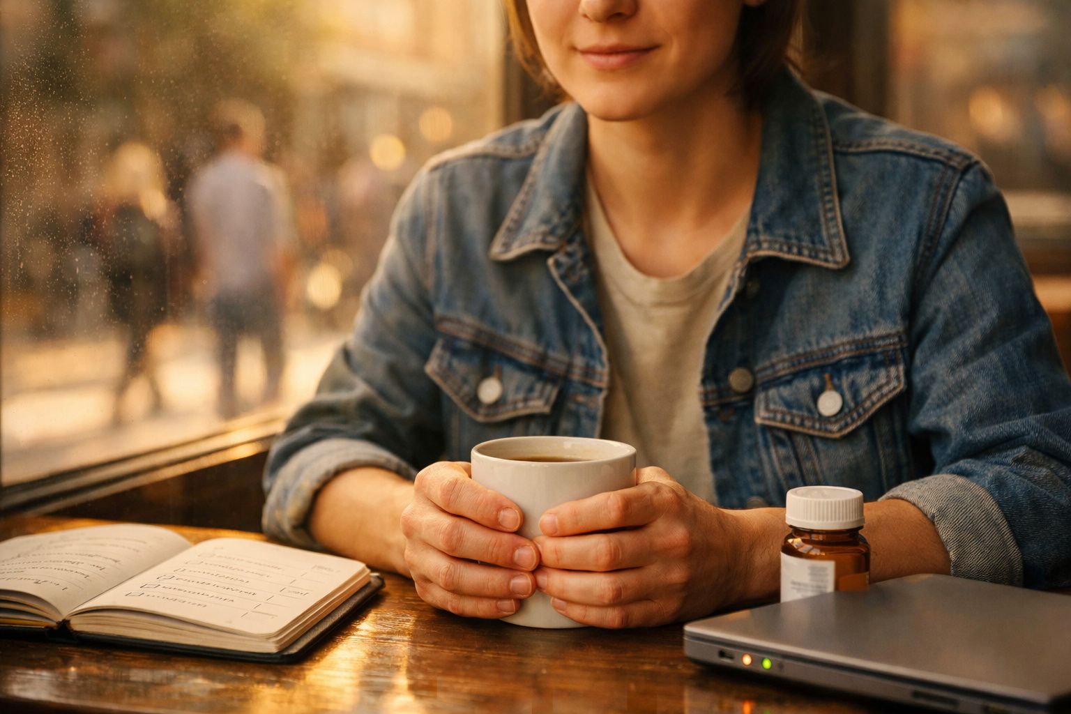 Pessoa segurando uma chávena de café numa mesa com caderno, frasco de comprimidos e computador portátil.