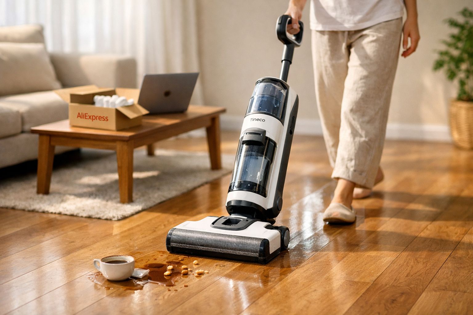 Pessoa a aspirar chão de madeira com aspirador Tineco perto de café e bolachas derramadas.