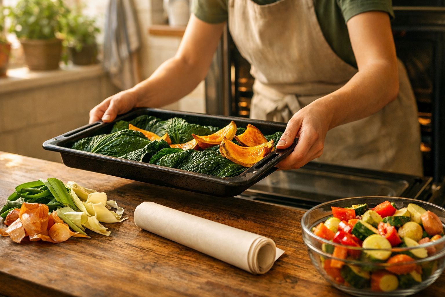 Pessoa segurando tabuleiro com folhas verdes e abóbora assada, com legumes frescos numa bancada.