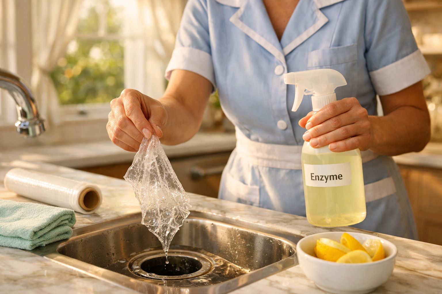 Pessoa a limpar película aderente do ralo da cozinha com produto enzimático em spray.