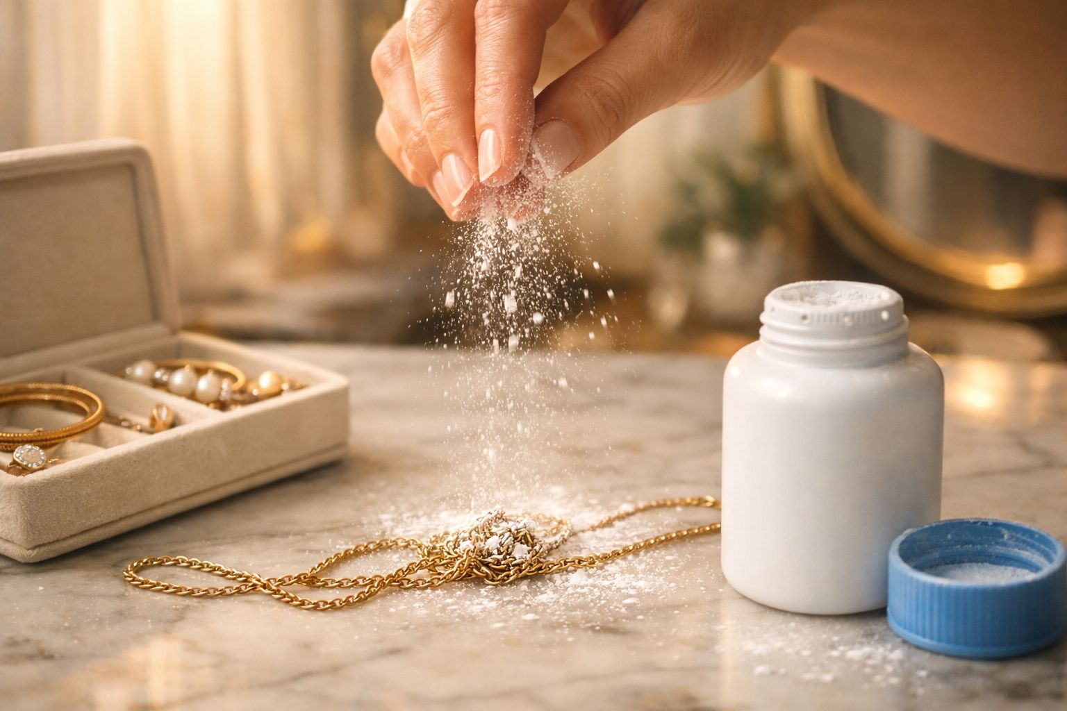 Mão a polir colar dourado com pó branco, perto de caixa de joias e frasco de pó numa superfície de mármore.