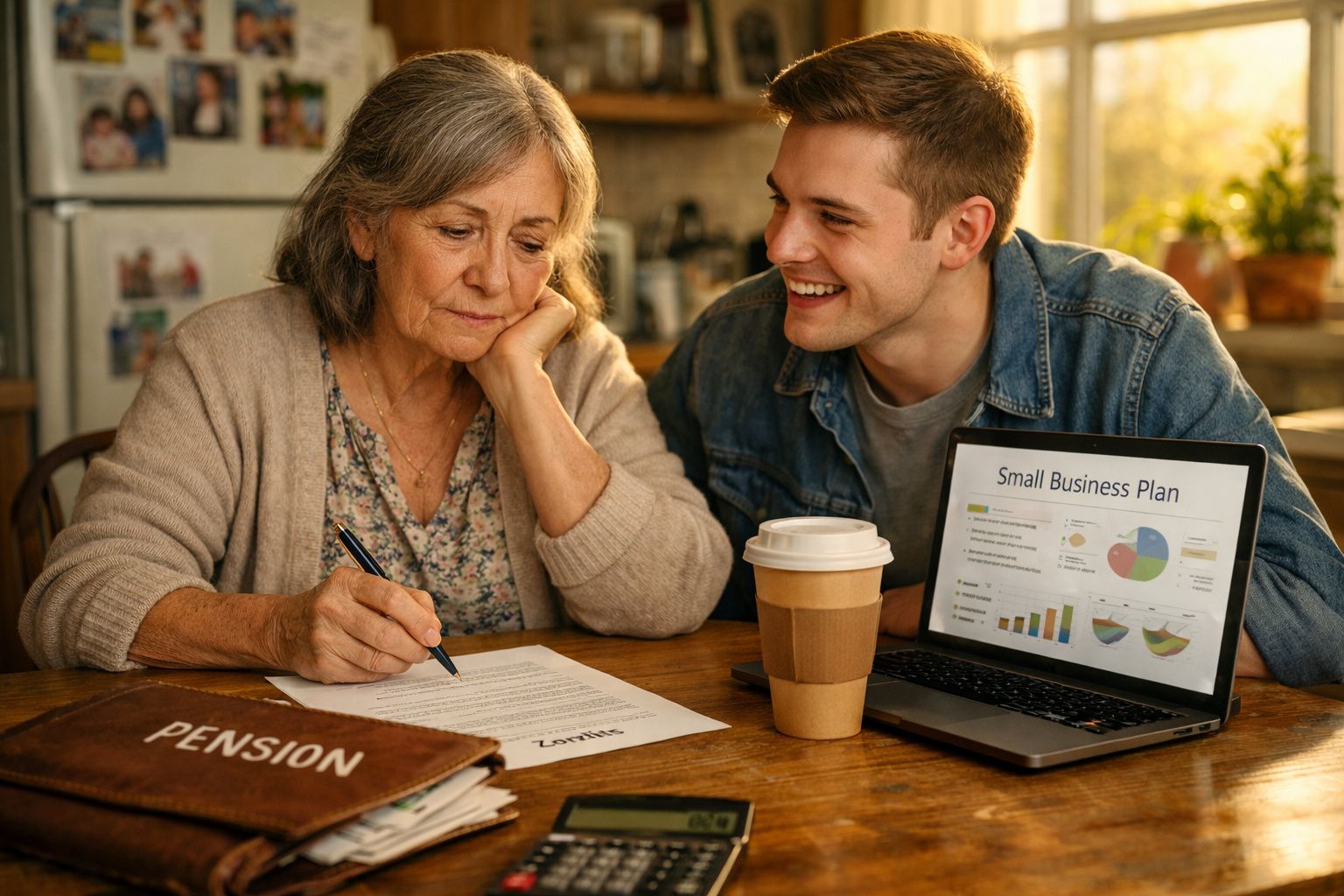 Mulher mais velha preocupada a assinar documentos enquanto jovem mostra plano de negócios no portátil.