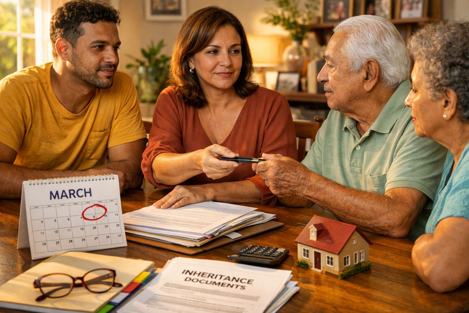 Quatro pessoas sentadas à mesa a discutir documentos de herança, com calendário de março e casa em miniatura.