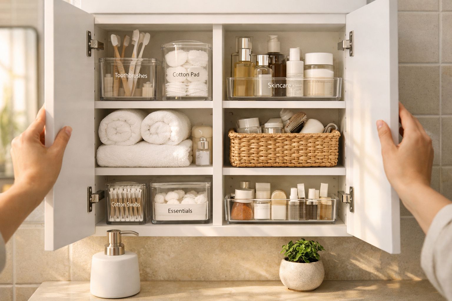 Mãos a abrir armário de casa de banho com produtos de cuidado pessoal e toalhas brancas organizadas.