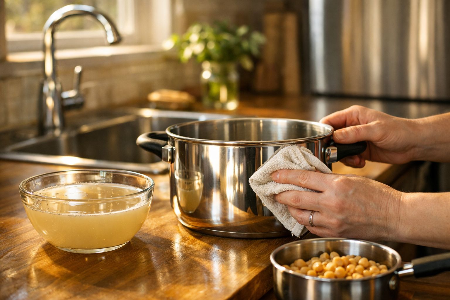 Mãos a segurarem uma panela de inox com um pano na cozinha, ao lado de tigelas com líquido e grão-de-bico.