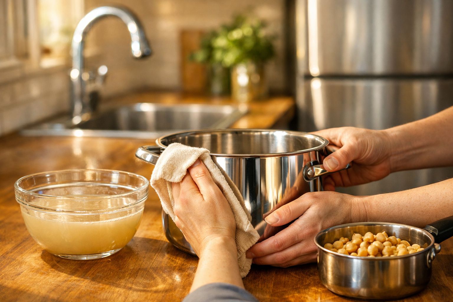 Mãos a segurar e limpar tacho metálico na cozinha, com grão-de-bico numa panela e líquido numa taça.