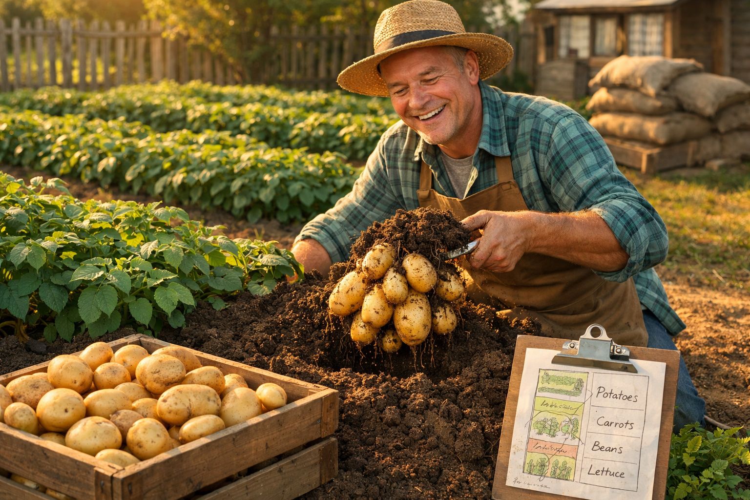 Homem sorridente a colher batatas frescas da terra numa horta ensolarada.