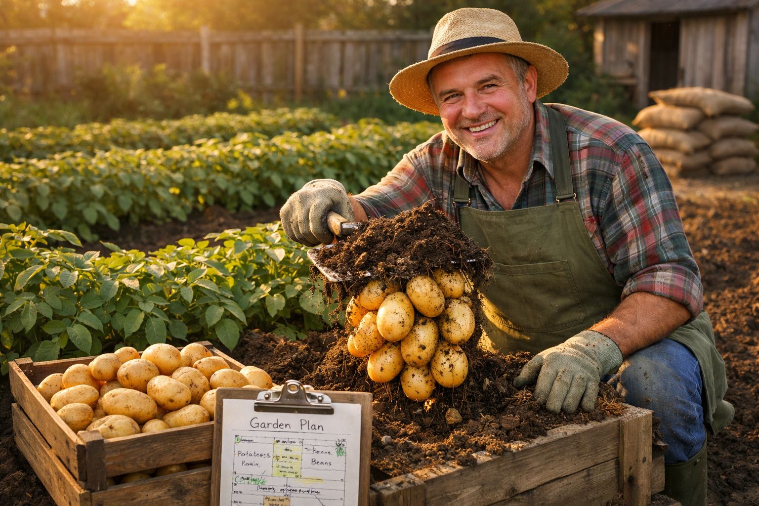 Agricultor feliz a colher batatas frescas num campo com caixa e plano de cultivo à frente.