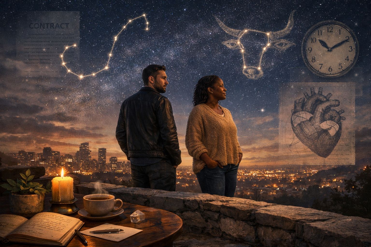 Dois adultos de costas observam a cidade ao anoitecer, com constelações, um relógio e um coração desenhado no céu.