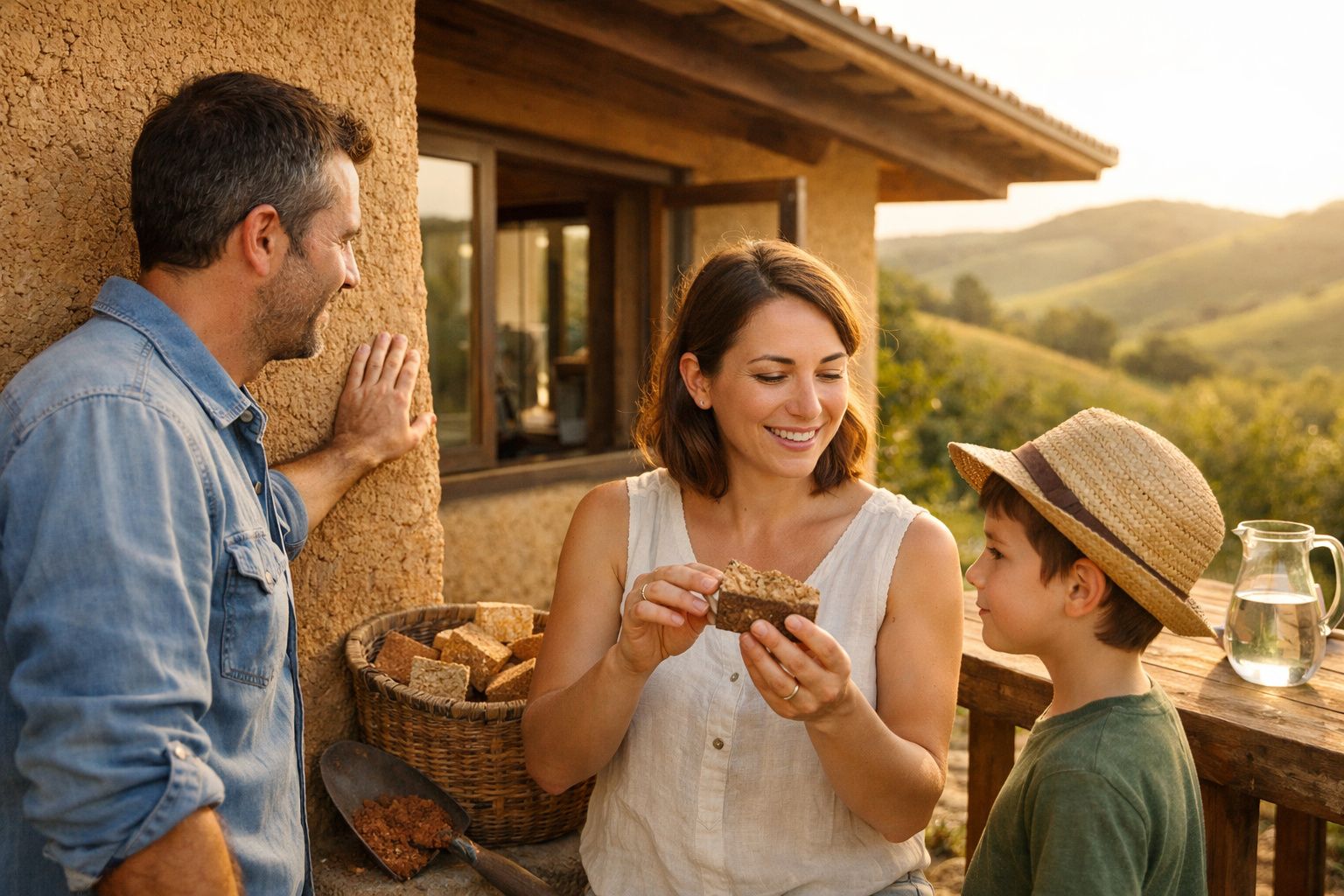 Família a partilhar pão caseiro num ambiente rural ensolarado ao ar livre.