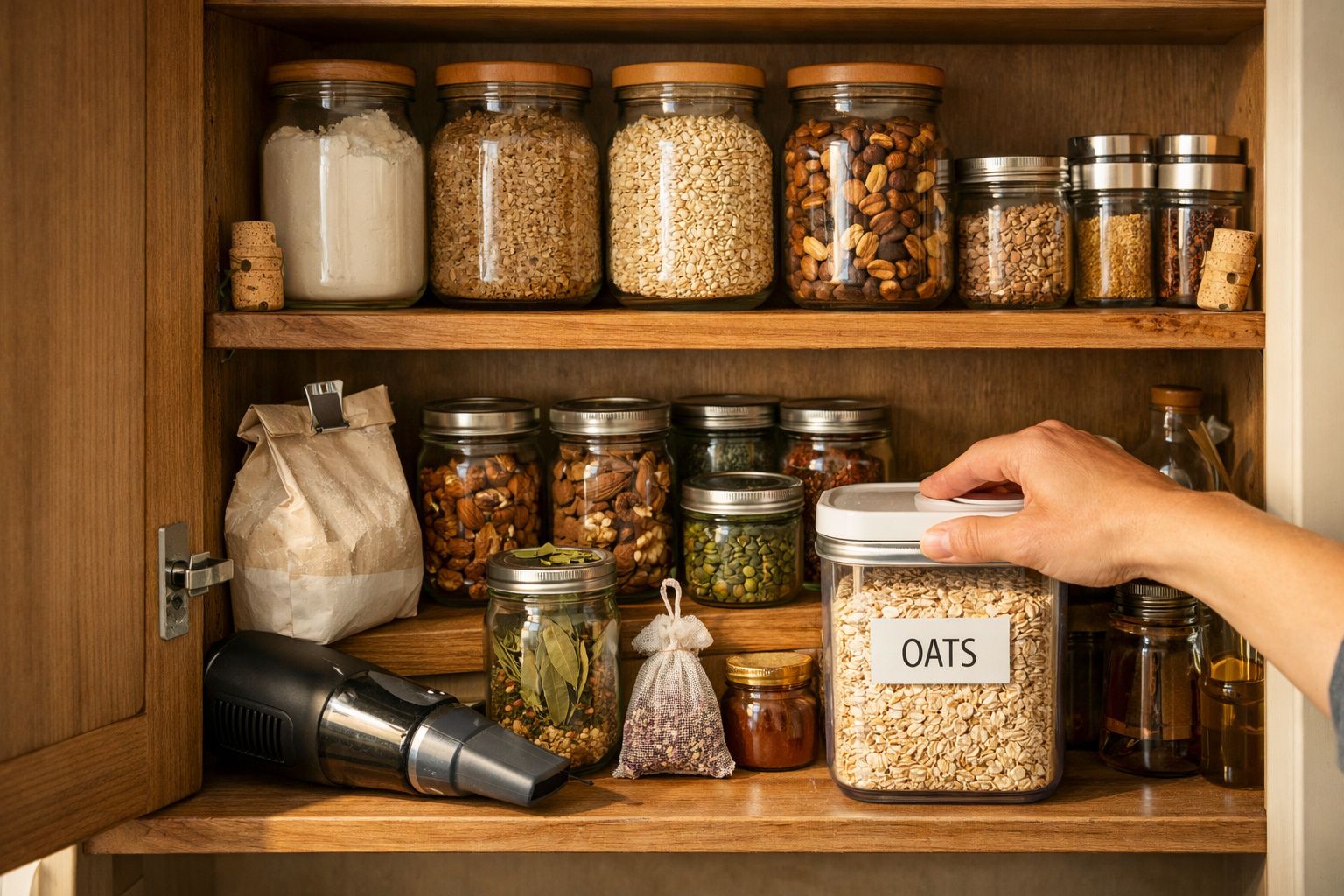 Mão a guardar jarro de aveia etiquetado numa despensa com vários frascos e ingredientes secos.