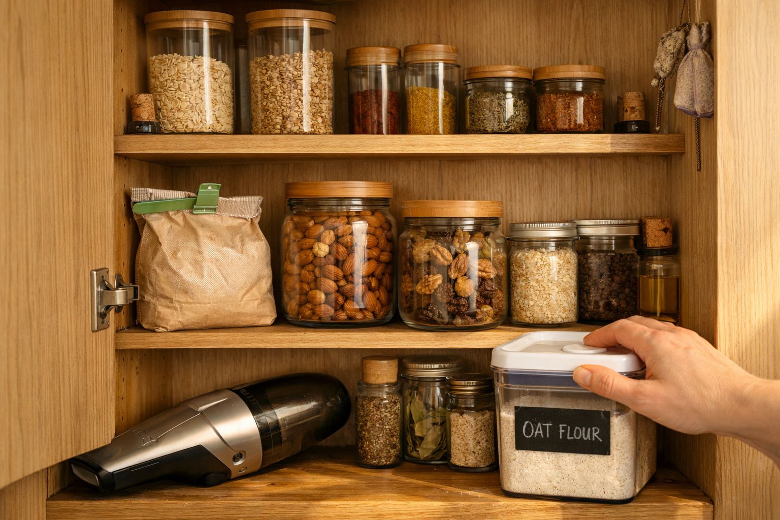 Armário de cozinha em madeira com frascos de vidro cheios de grãos, especiarias e uma mão a pegar um recipiente de farinha av