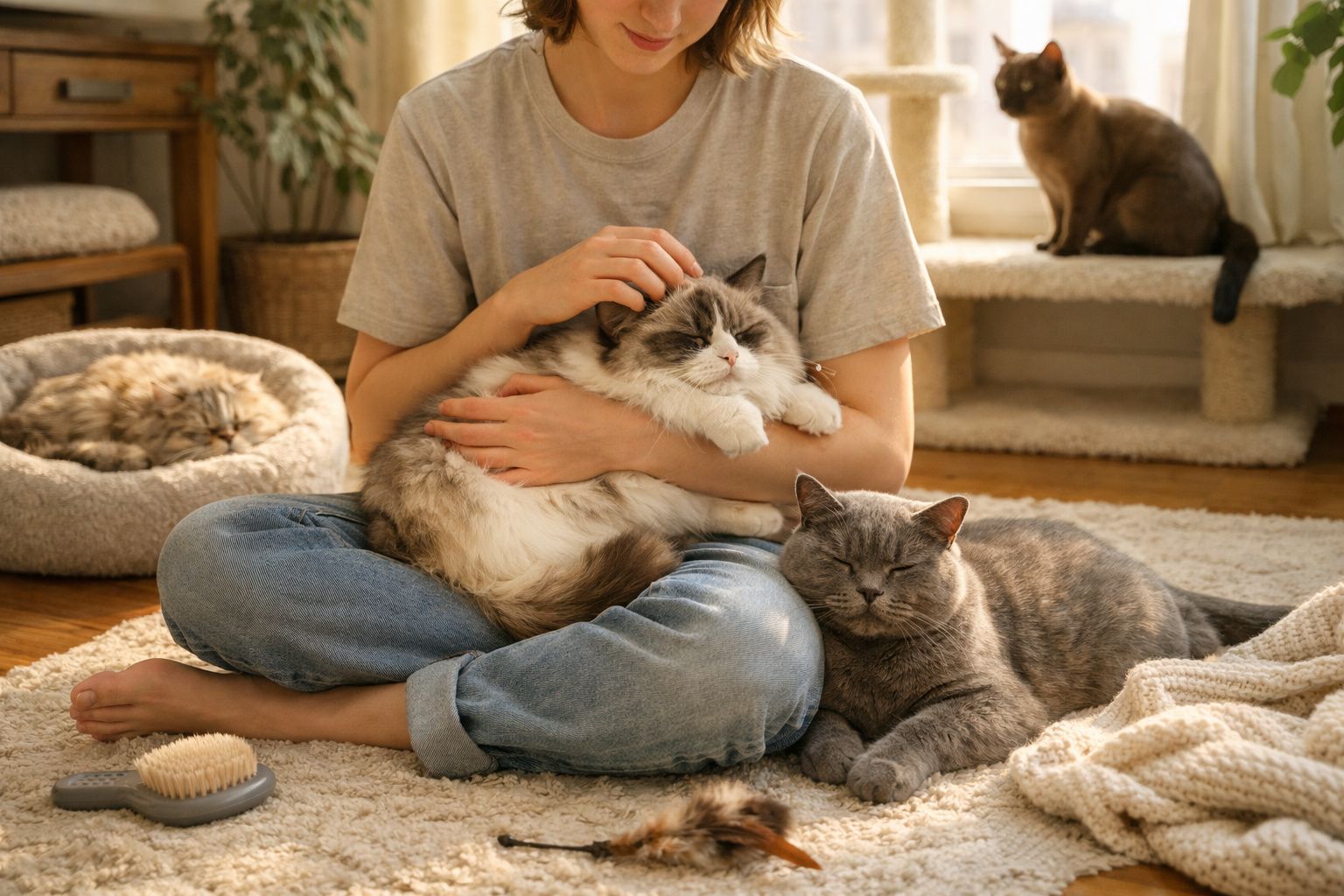 Pessoa sentada no chão a acariciar gato branco e cinzento, com outros dois gatos no ambiente acolhedor.
