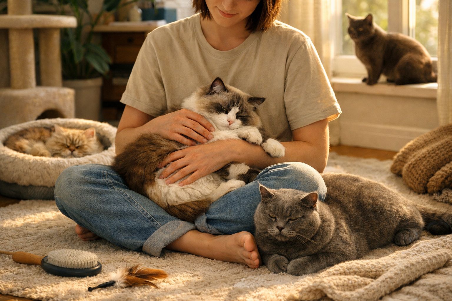 Pessoa sentada no chão a abraçar um gato enquanto outros três gatos descansam à volta.