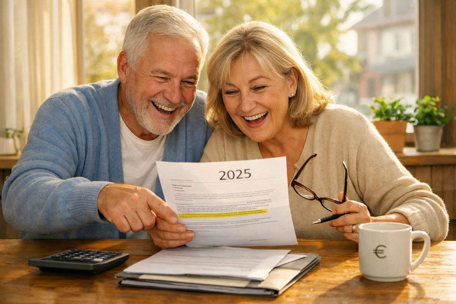 Casal idoso alegre a analisar documento financeiro do ano 2025 numa mesa com calculadora e caneca.