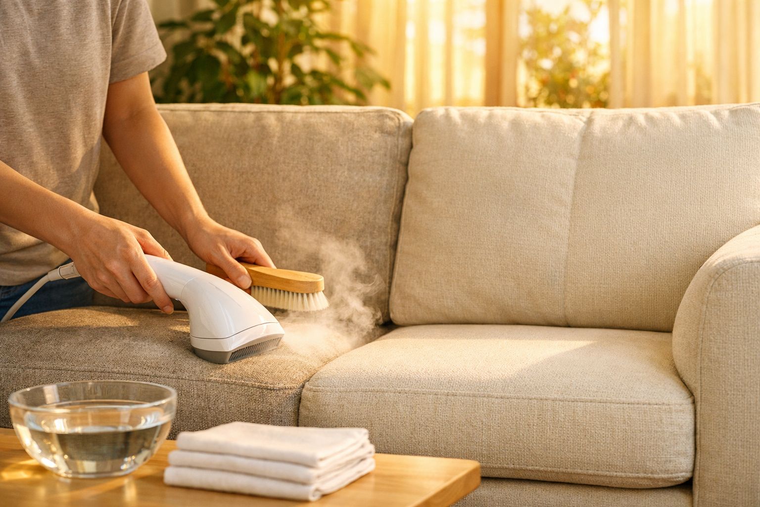 Pessoa a limpar sofá bege com escova e vapor numa sala iluminada com plantas ao fundo.