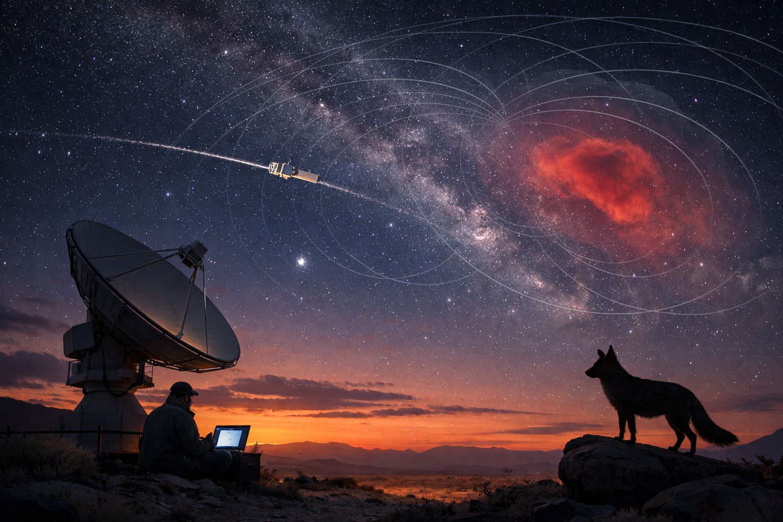 Homem com computador junto a antena parabólica observa céu estrelado com galáxia e cão no topo de rocha ao pôr do sol.