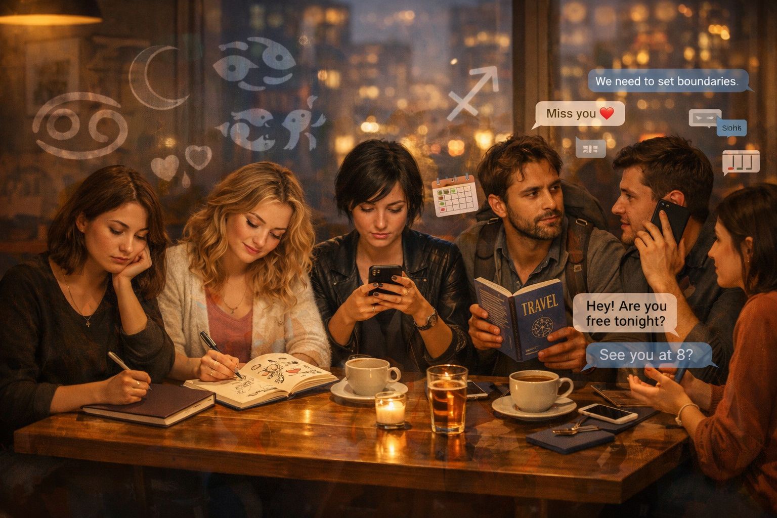 Grupo de cinco amigos em café à noite, com mensagens de texto e símbolos astrológicos flutuando no ar.