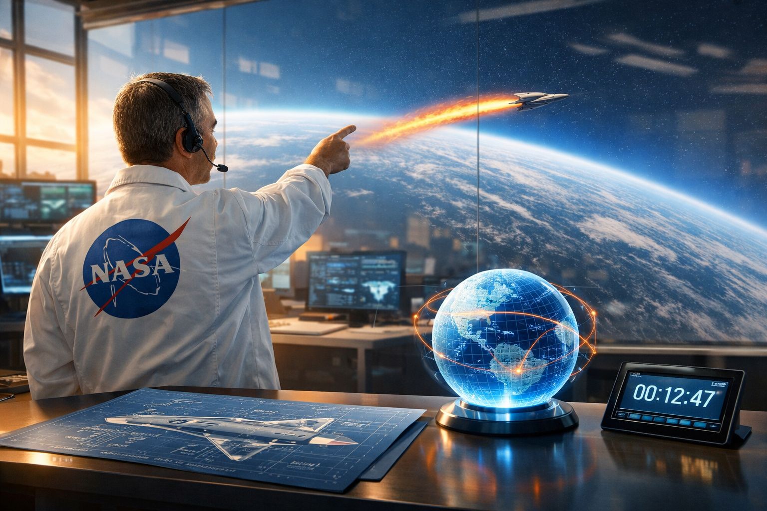 Homem da NASA em controlo com modelo digital da Terra e nave espacial em lançamento no ecrã.