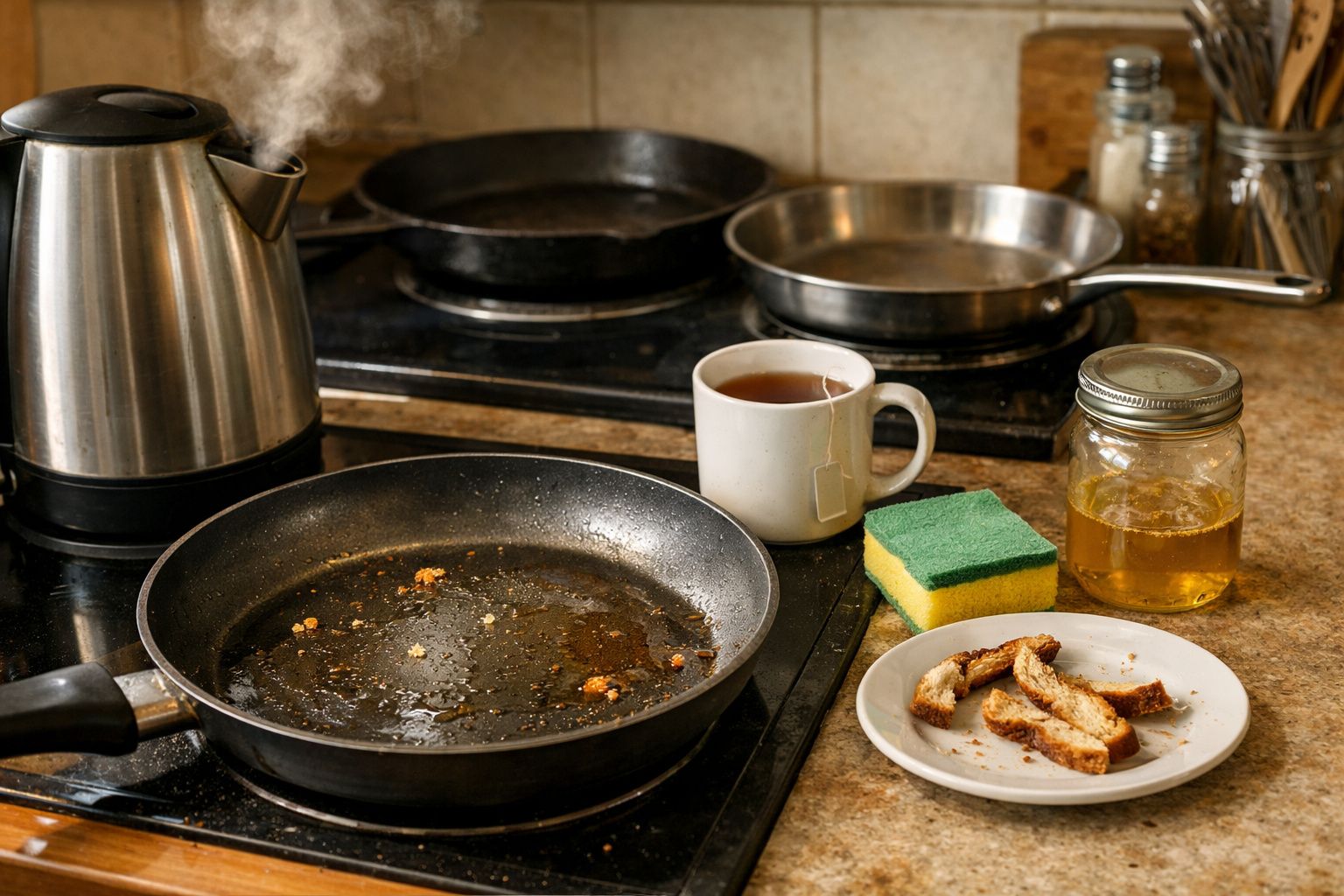 Tacho sujo numa cozinha com fatias de pão, chá numa chávena, jarra de mel, esponja e chaleira a ferver.