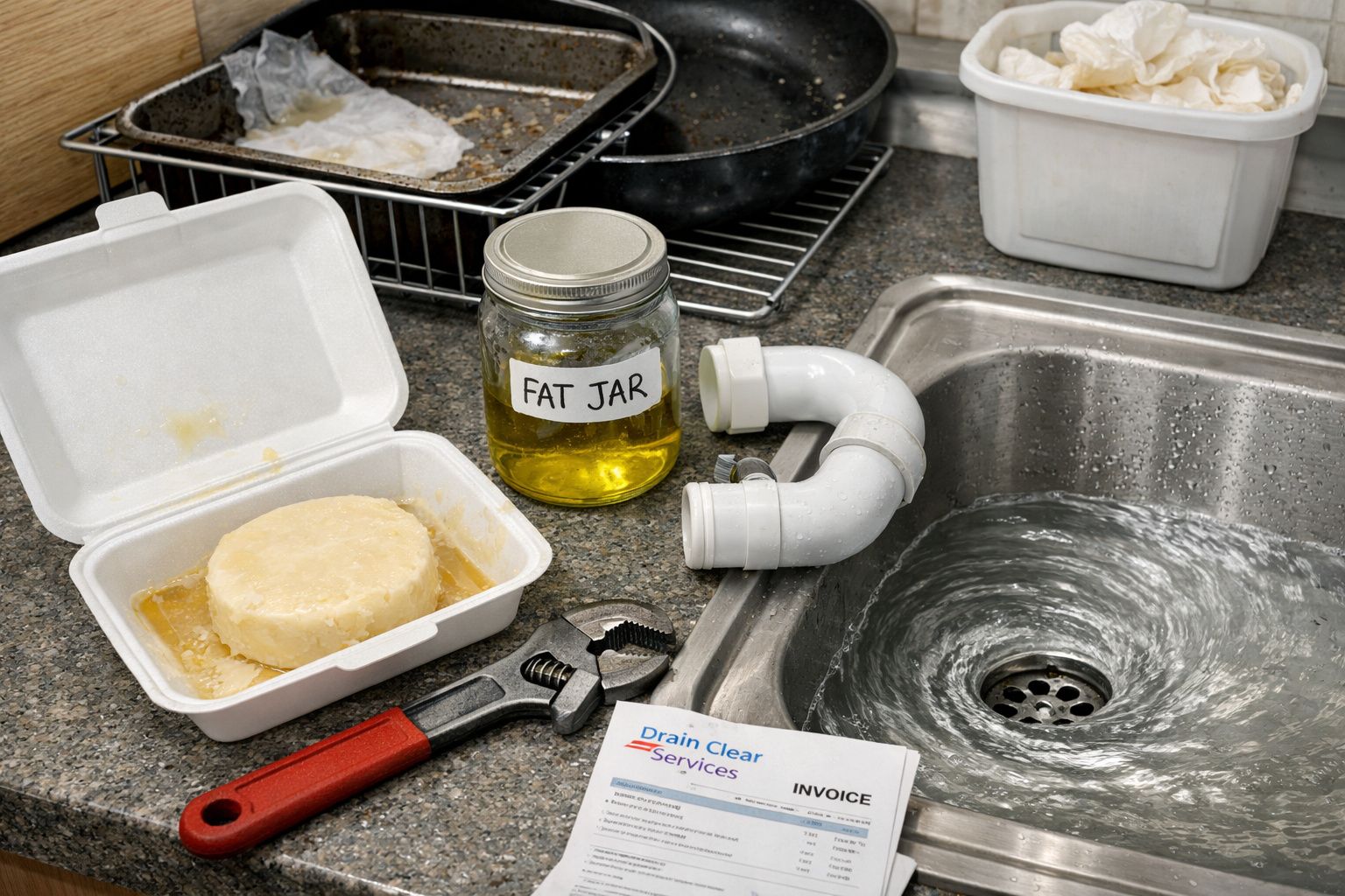 Bancada de cozinha com gordura num frasco, pedaço de gordura em recipiente, ferramentas e ralo com água a descer em espiral.