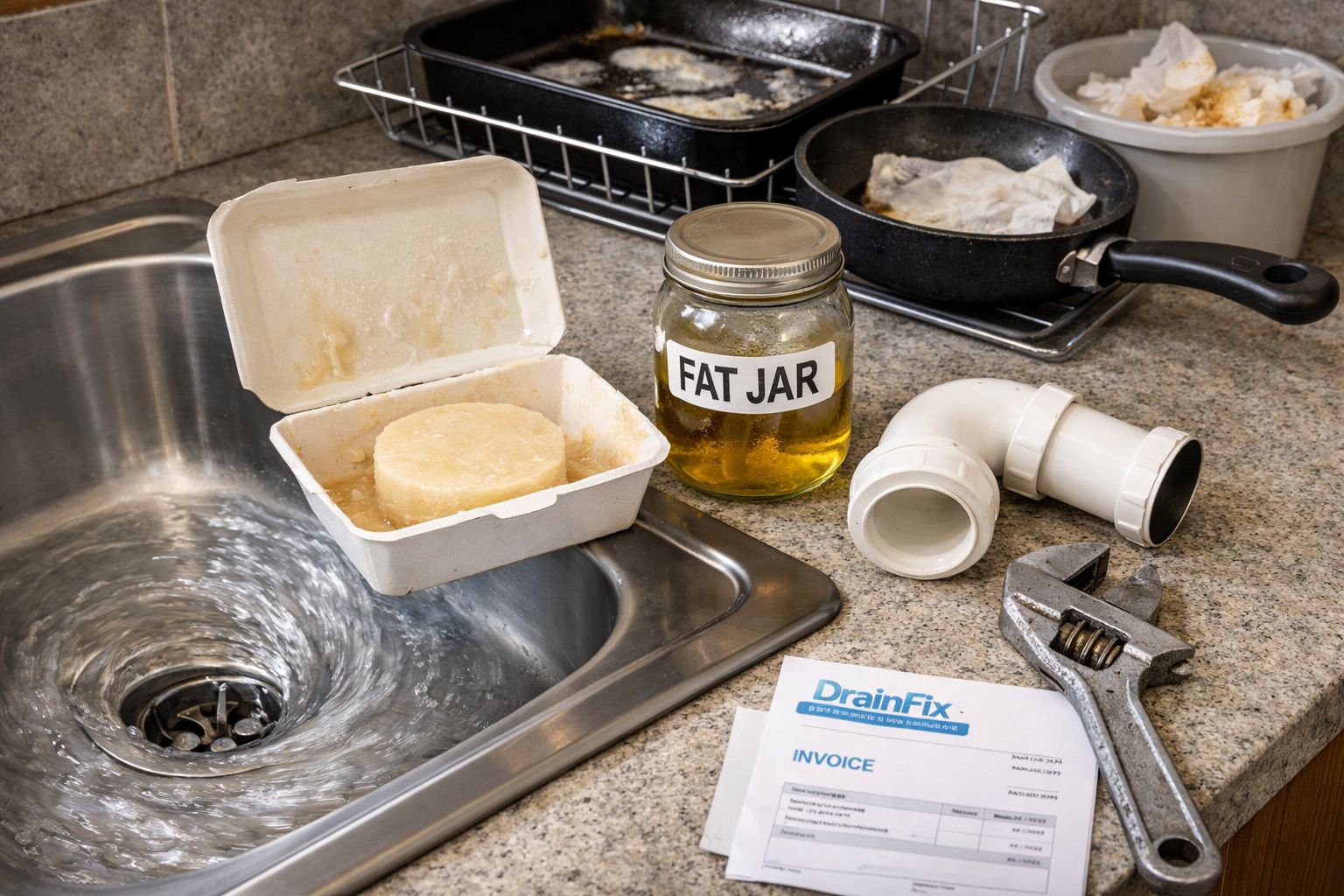 Pia com água a descer, sabão, frasco etiquetado "Fat Jar", peças de cano, chave inglesa e fatura DrainFix.