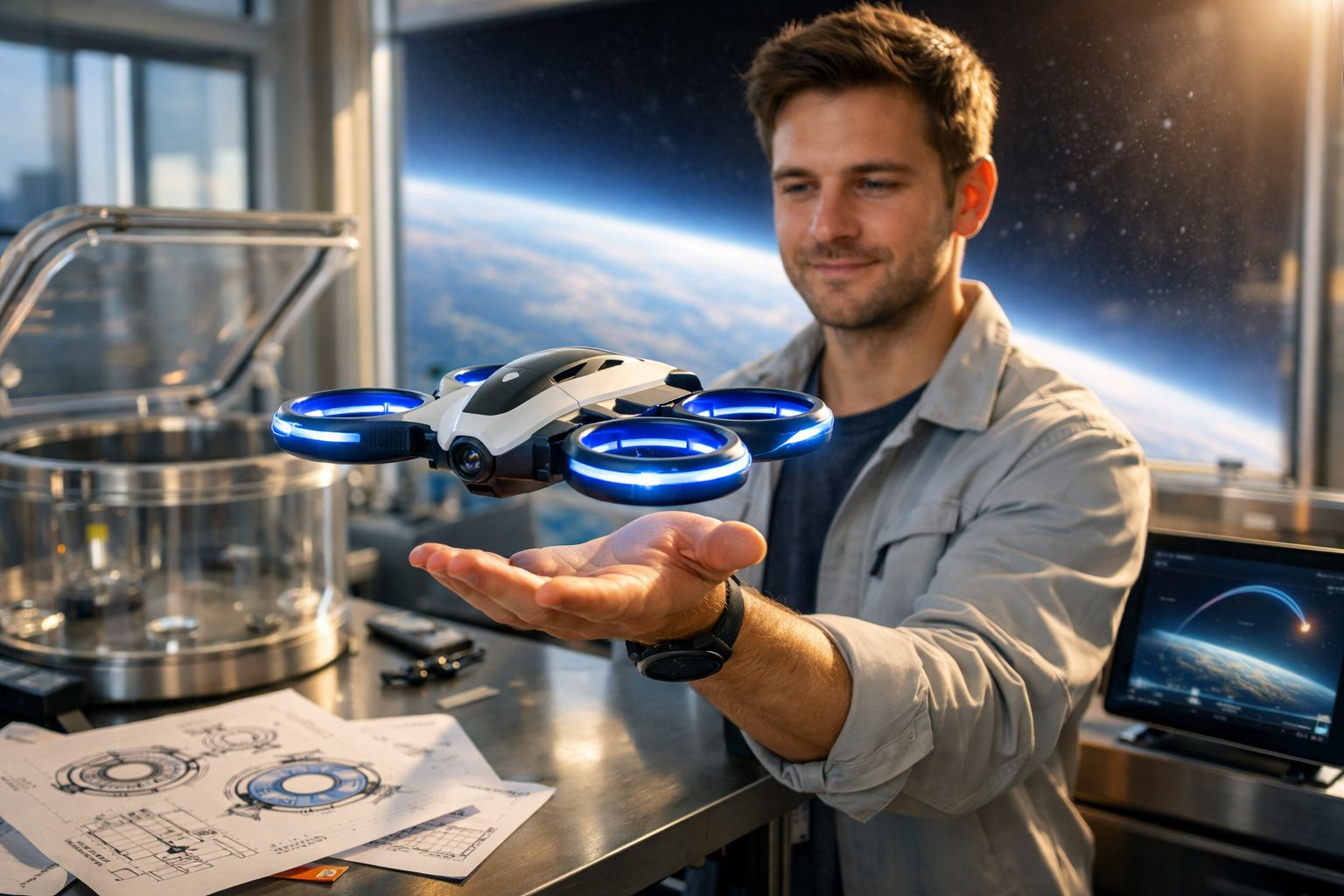 Homem controlando drone futurista com luzes azuis numa sala de trabalho tecnológica.