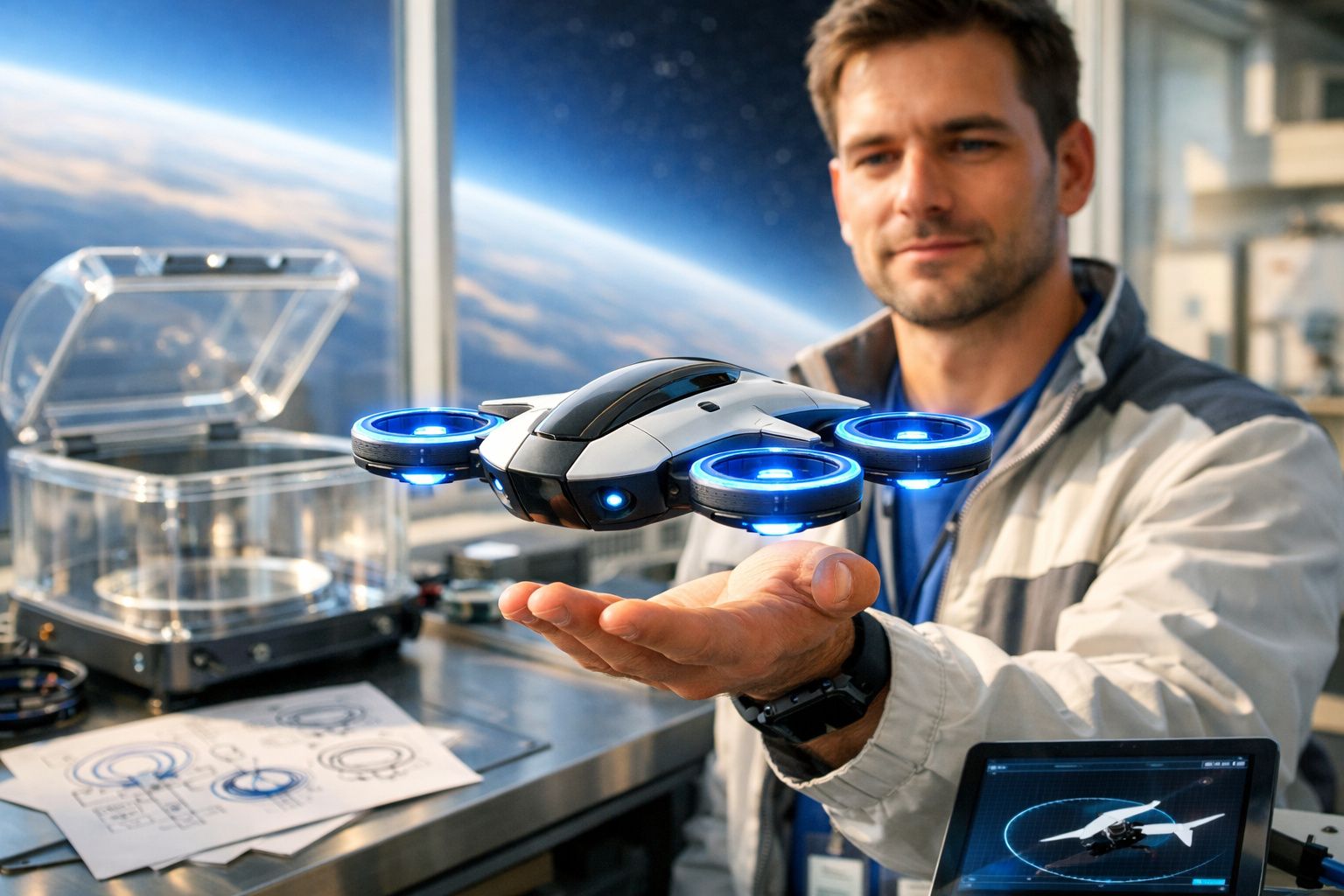 Homem a controlar drone tecnológico com luzes azuis numa oficina futurista com vista para o espaço.
