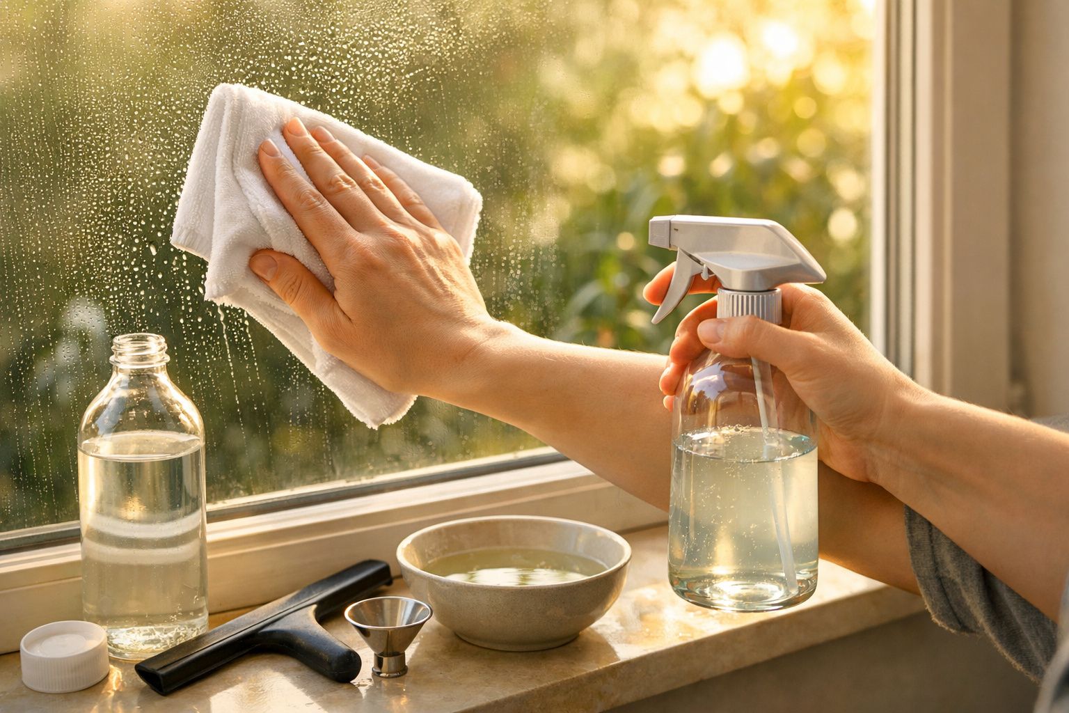 Mãos a limpar um vidro com pano branco e spray de líquido num ambiente iluminado pelo sol.