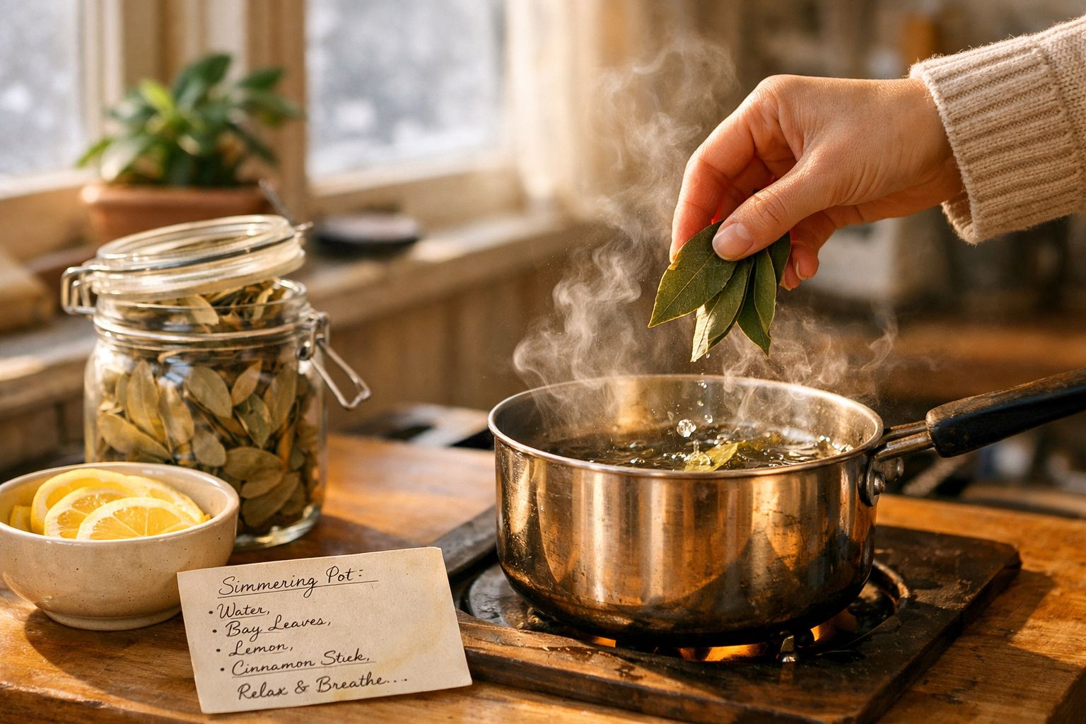Mão a colocar folhas de louro numa panela com água a ferver numa cozinha rústica iluminada por luz natural.