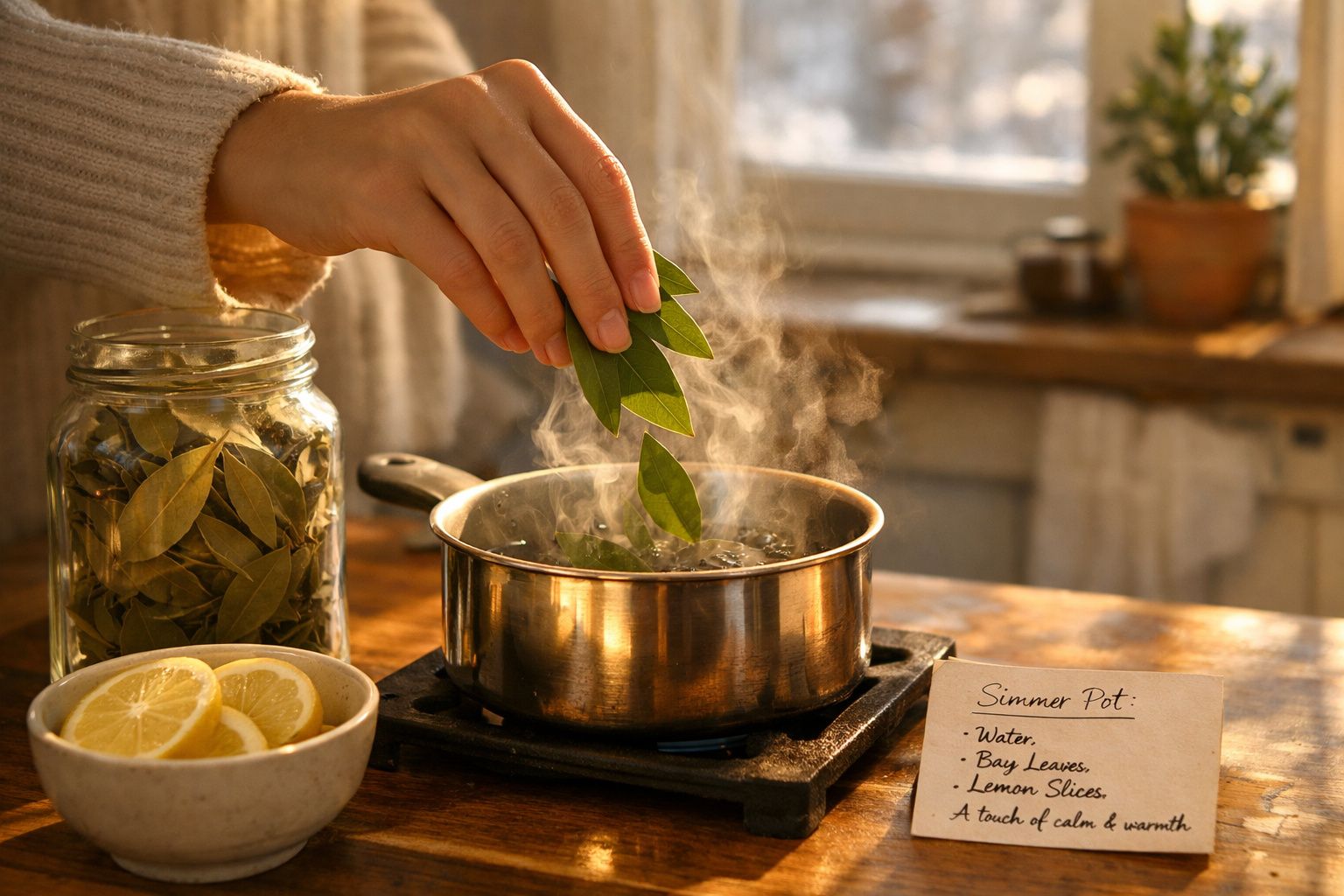 Mão a colocar folhas de louro numa panela a ferver junto a um frasco com folhas secas e uma tigela com rodelas de limão.