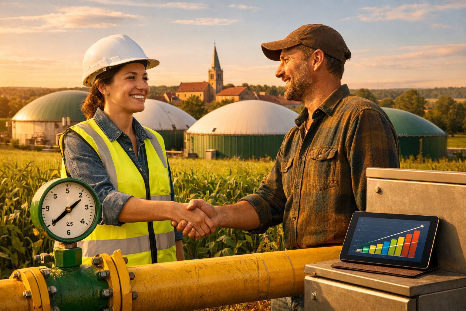 Mulher com colete e capacete cumprimenta homem num campo agrícola com instalações industriais ao fundo.