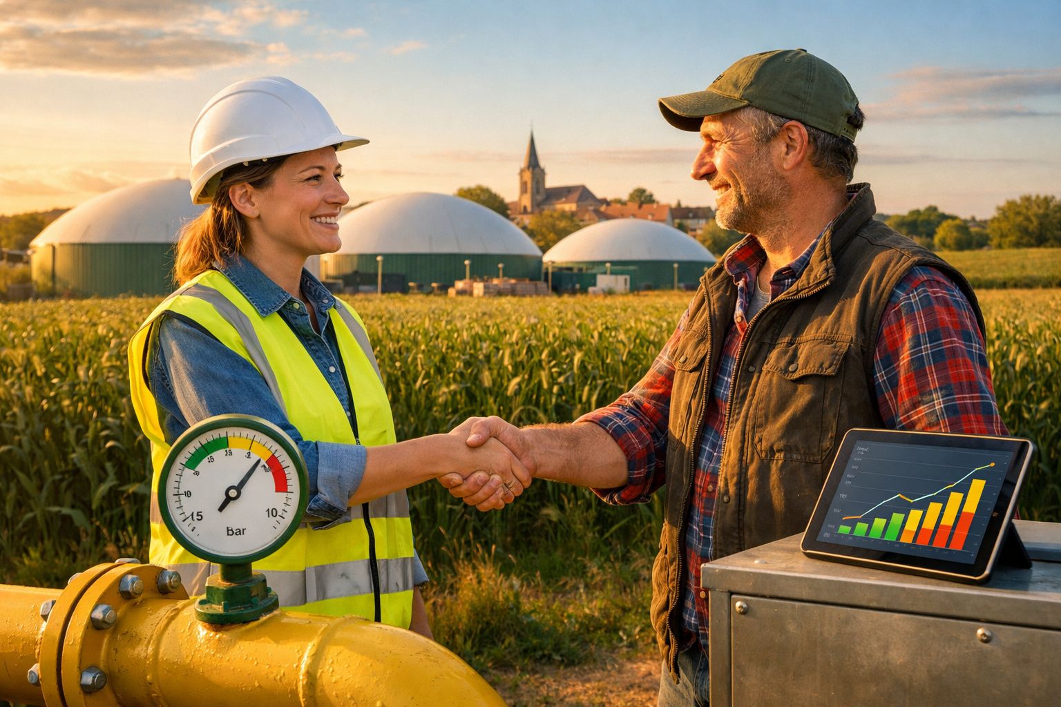 Homem e mulher cumprimentam-se numa quinta com campo de milho, equipamentos agrícolas e gráfico de crescimento num tablet.