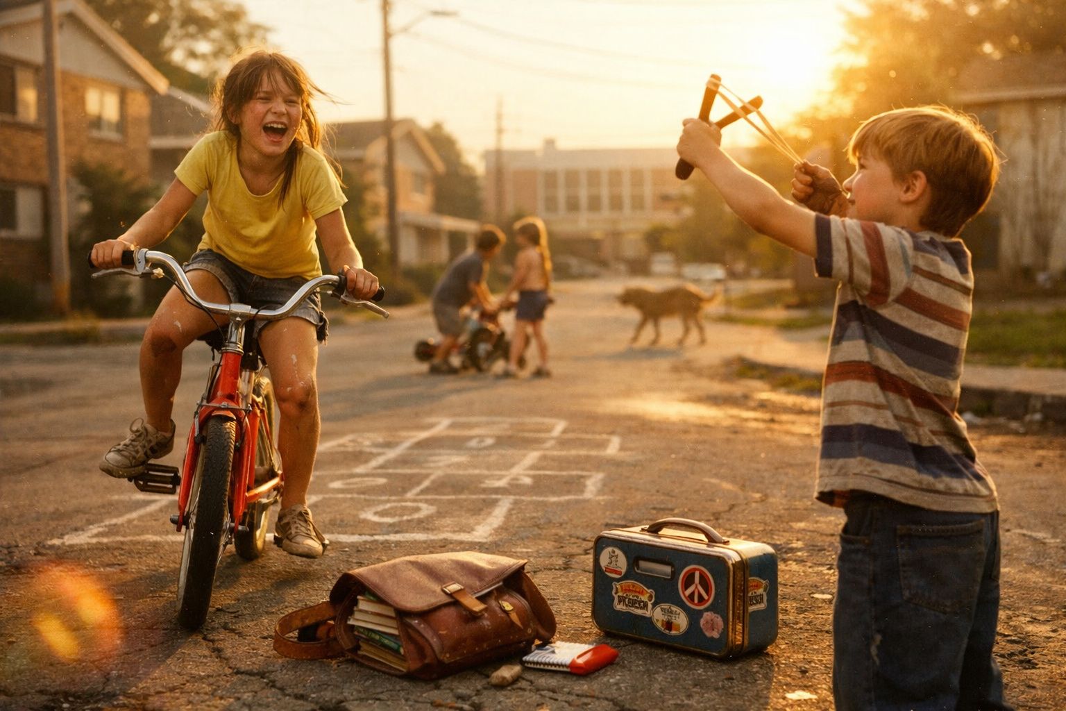 Crianças a brincar numa rua com bicicleta, estilingue e jogo da macaca ao pôr do sol.