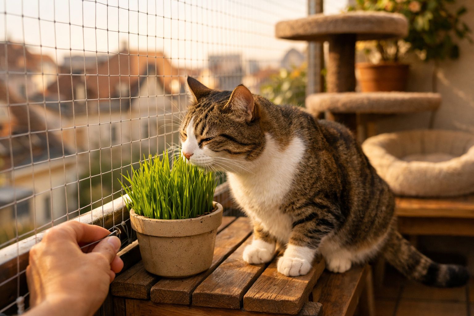 Gato castanho e branco a cheirar planta num vaso numa varanda com rede de proteção ao pôr do sol.